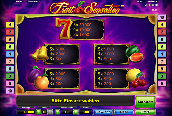 Fruit Sensation - Auszahlungstabelle
